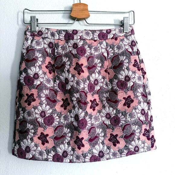 J CREW COLLECTION wool silk pink silver purple floral brocade mini pencil skirt - Picture 1 of 8
